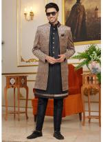 Art Silk Grey Wedding Wear Thread Work Readymade Indo Western Sherwani